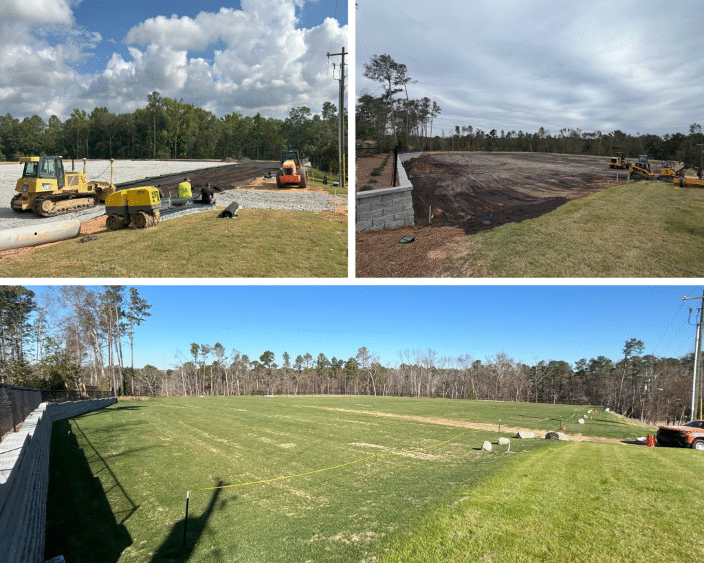 Field restoration at Victory Baptist Church using locally produced compost, shown before, during, and after soil amendment and grass growth